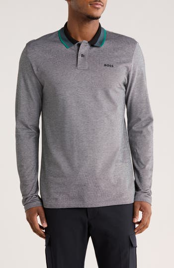 Hugo Boss Boss Stripe Collar Long Sleeve Cotton Piqué Polo In Gray