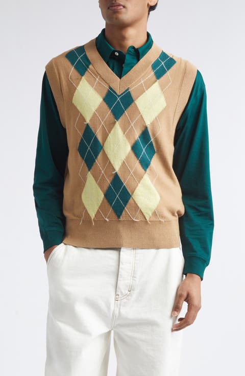 Argyle Plaid Intarsia Knit Wool & Cotton Sweater Vest