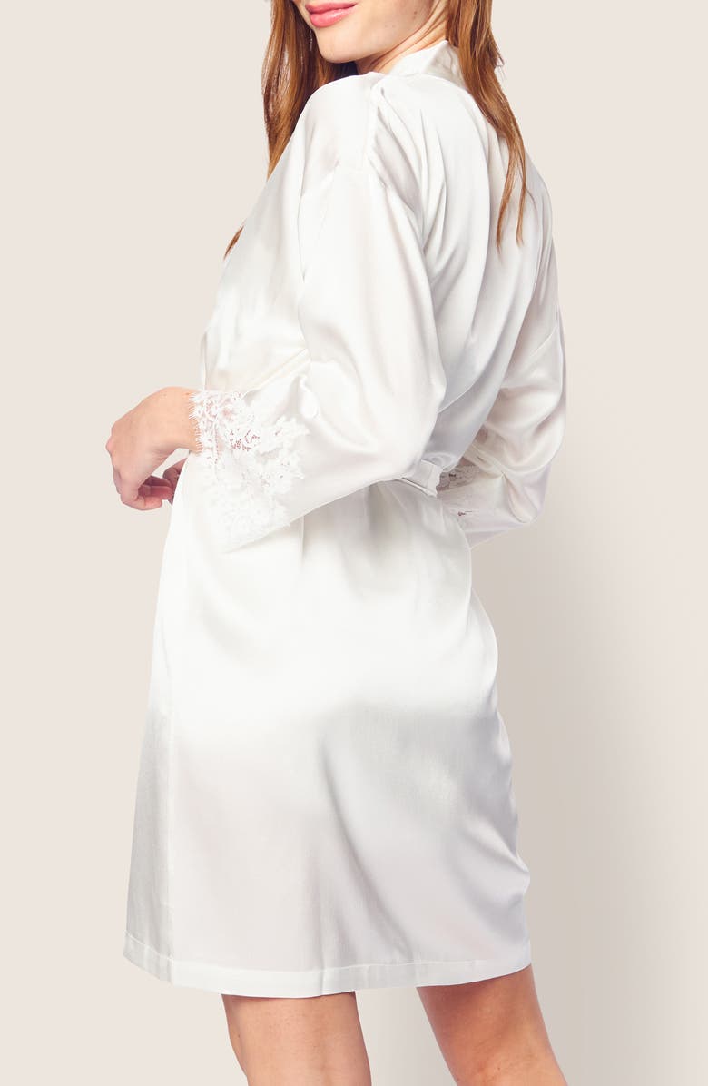 Petite Plume Lace Trim Mulberry Silk Robe, Alternate, color, White