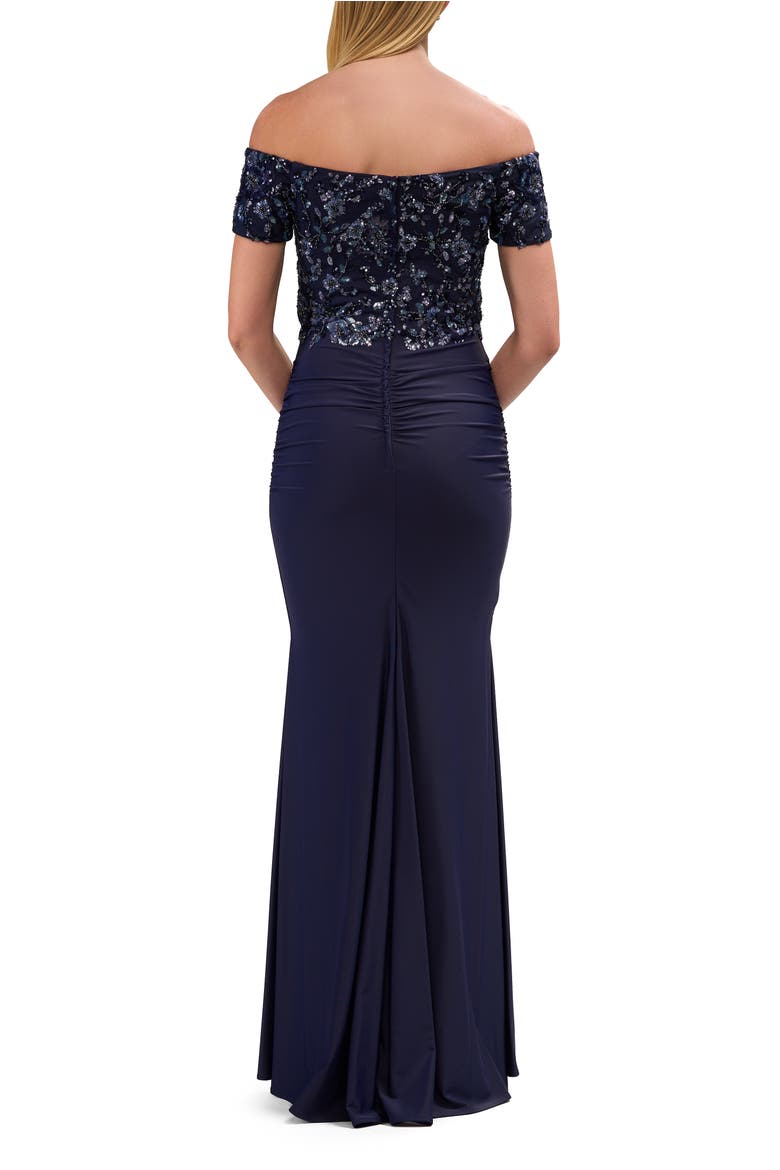 Off the Shoulder Jersey Gown with Floral Sequin Top, Alternate, color, Navy