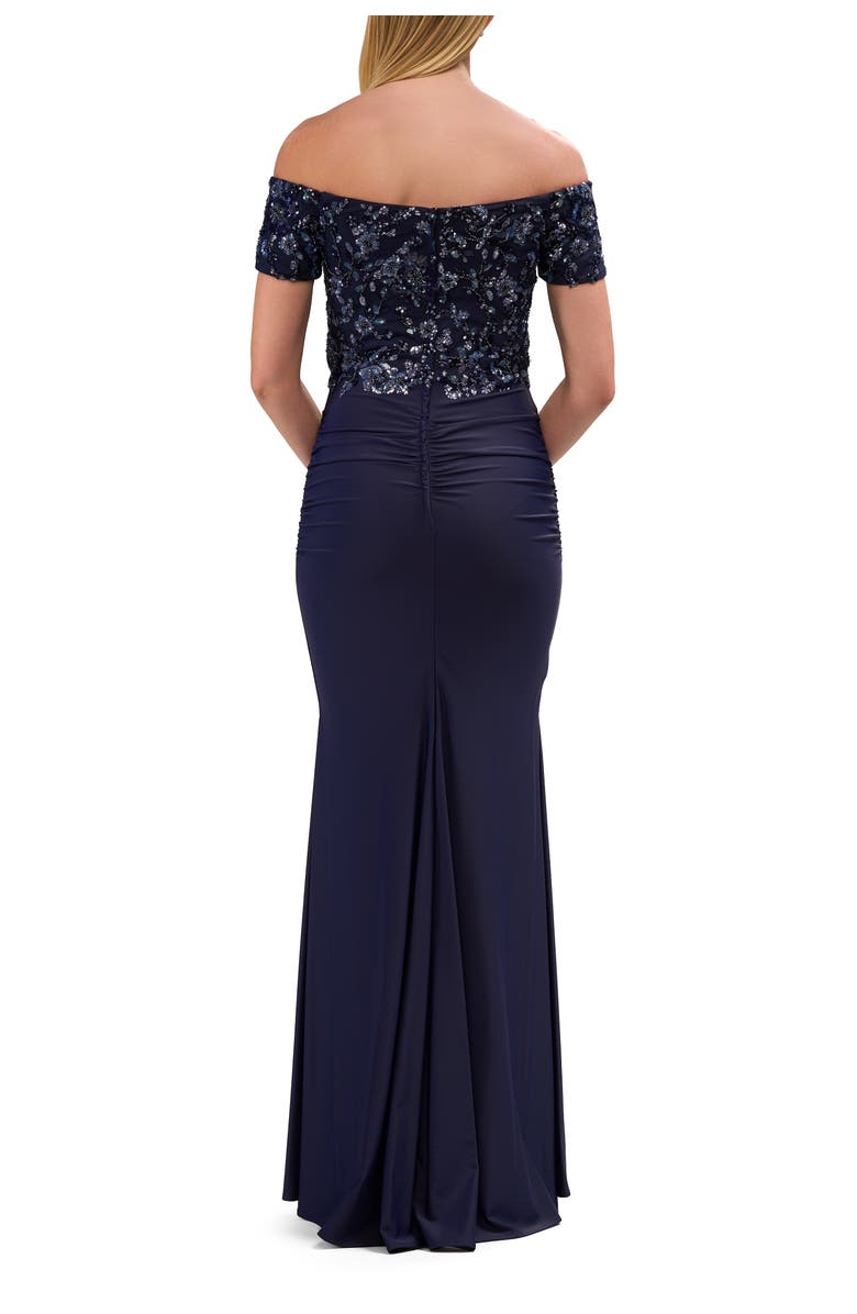 La Femme Off the Shoulder Jersey Gown with Floral Sequin Top, Alternate, color, Navy