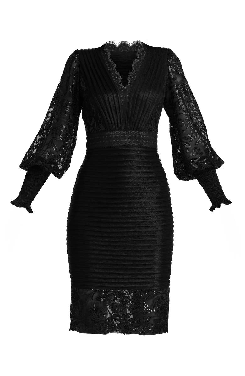Tadashi Shoji Pleated Sequin Lace Long Sleeve Chiffon Dress, Alternate, color, Black