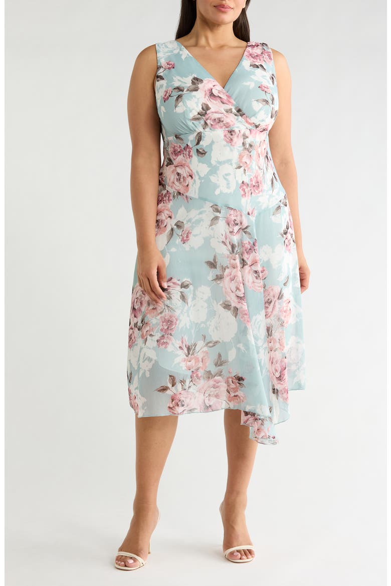 Floral Asymmetric Hem Dress, Main, color, SAGE