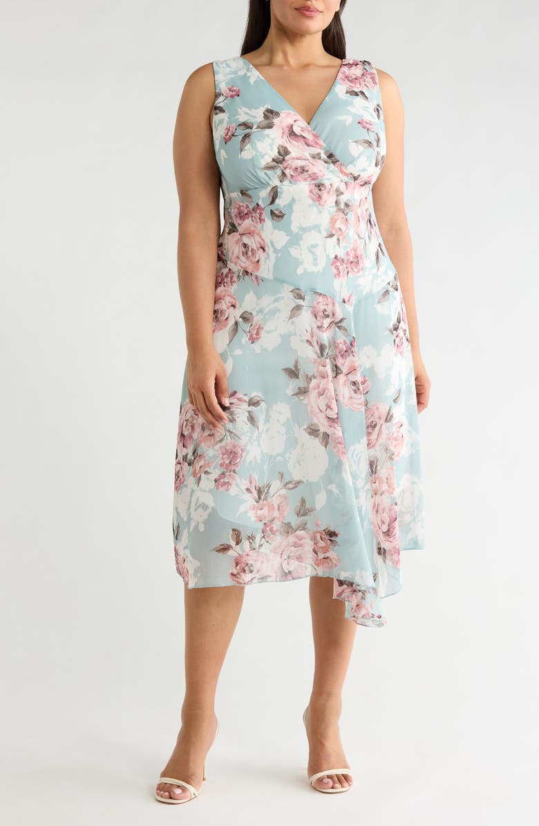 Connected Apparel Floral Asymmetric Hem Dress, Main, color, Sage