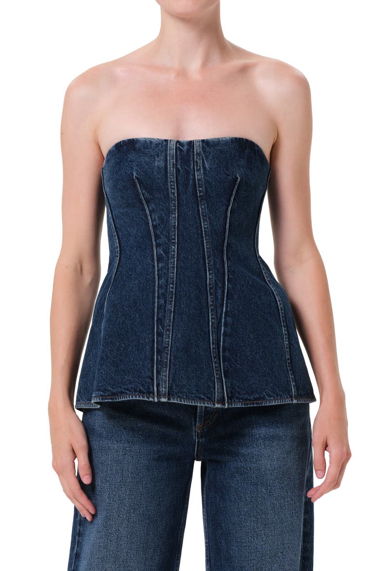 Lara Strapless Corset Peplum Denim Top, Main, color, DARK INDIGO