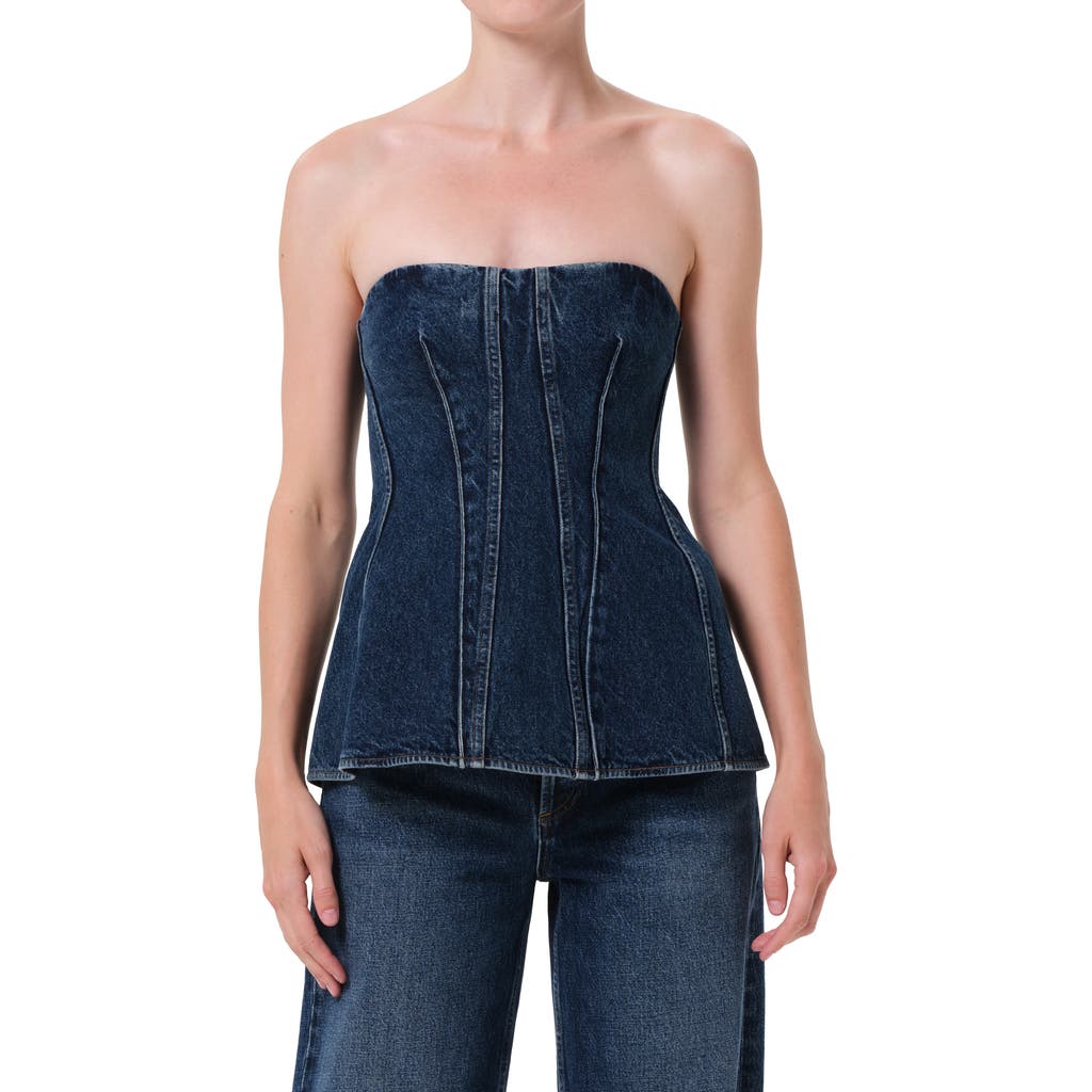 Agolde Lara Strapless Corset Peplum Denim Top In Blue