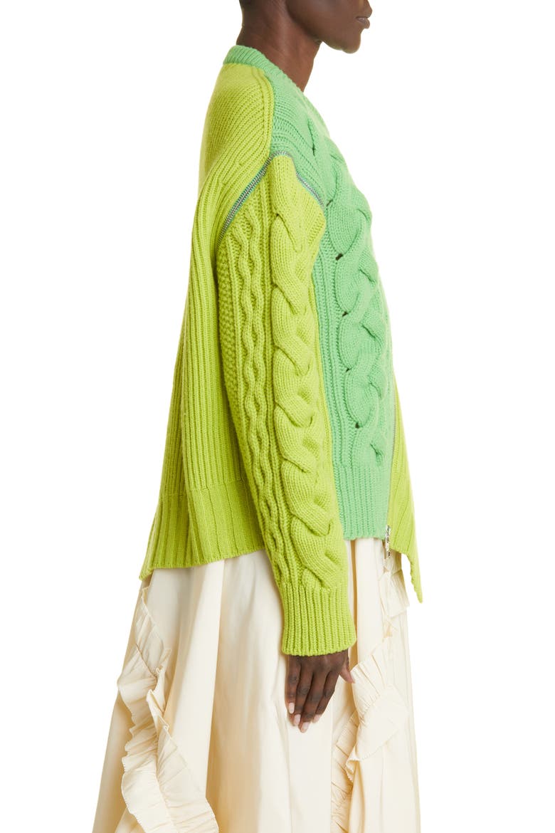 Asymmetric Zip Front Mixed Stitch Wool Sweater, Alternate, color, ACID GREEN/ SAGE GREEN