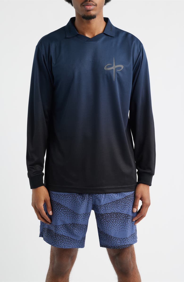 SANTO STUDIO Trust Perforated Long Sleeve Jersey Polo, Main, color, Blue