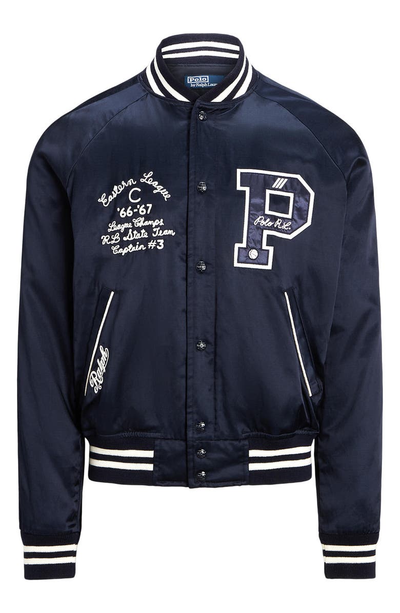 Polo Ralph Lauren Satin Varsity Bomber Jacket, Alternate, color, Aviator Navy