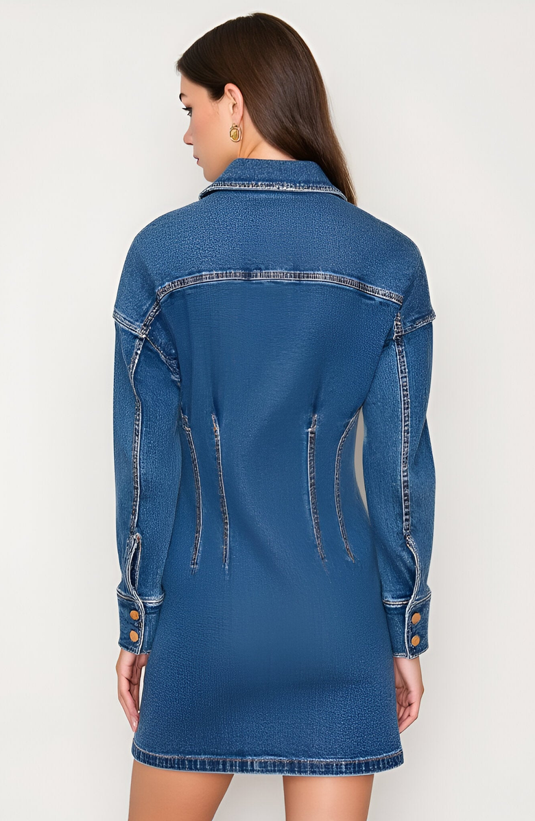 Modenaire Denim Button Front Mini Dress with Long Sleeves and Contrast Seaming, Alternate, color, 