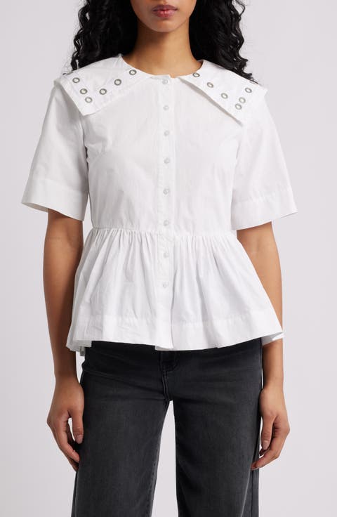 Cyrus Grommet Collar Button-Up Peplum Top
