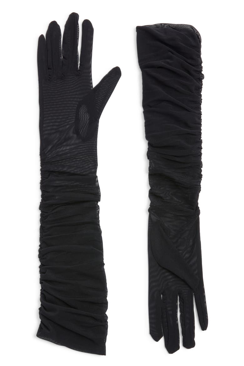 Ariana Ruched Mesh Opera Gloves, Main, color, BLACK
