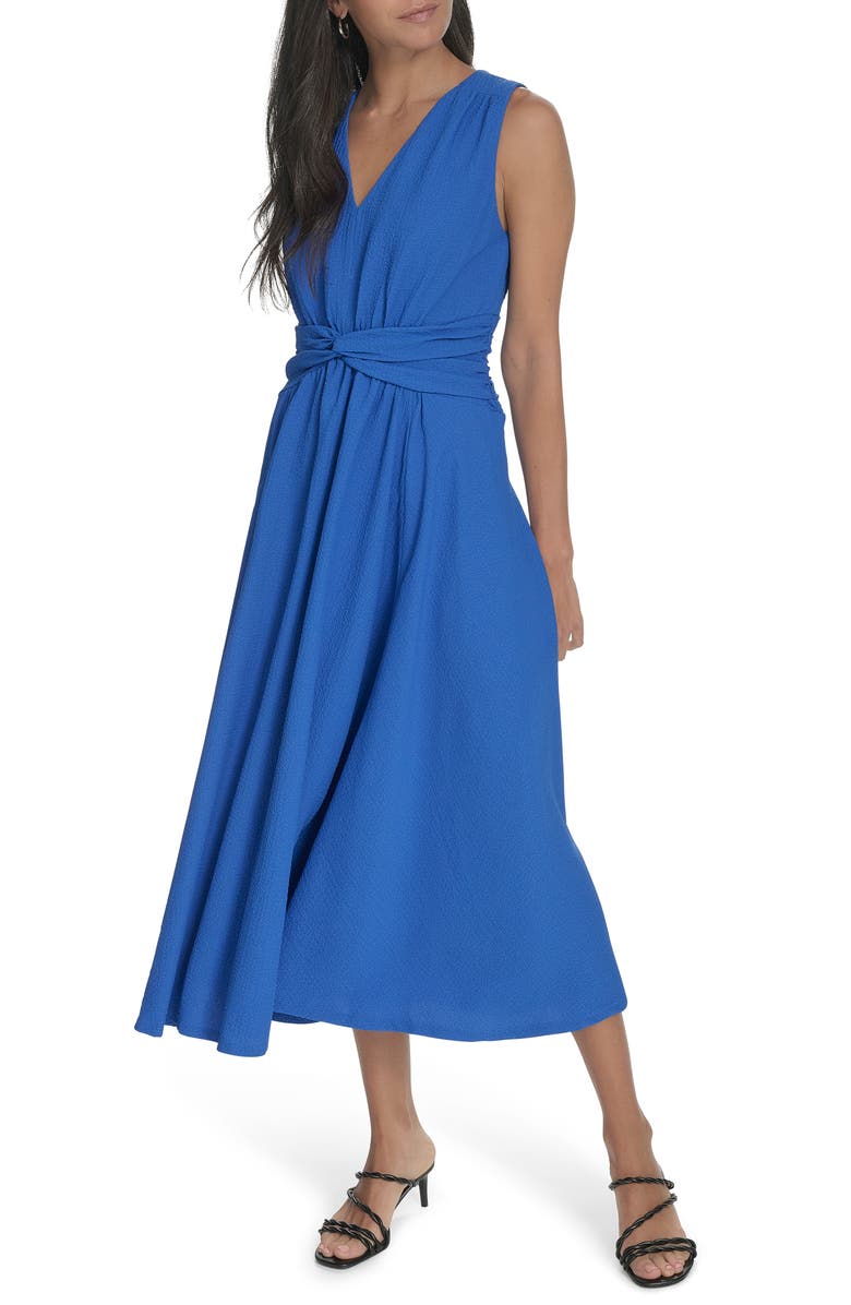 Calvin Klein Sleeveless Knotted Waist Gauze Midi Dress, Alternate, color, Capri