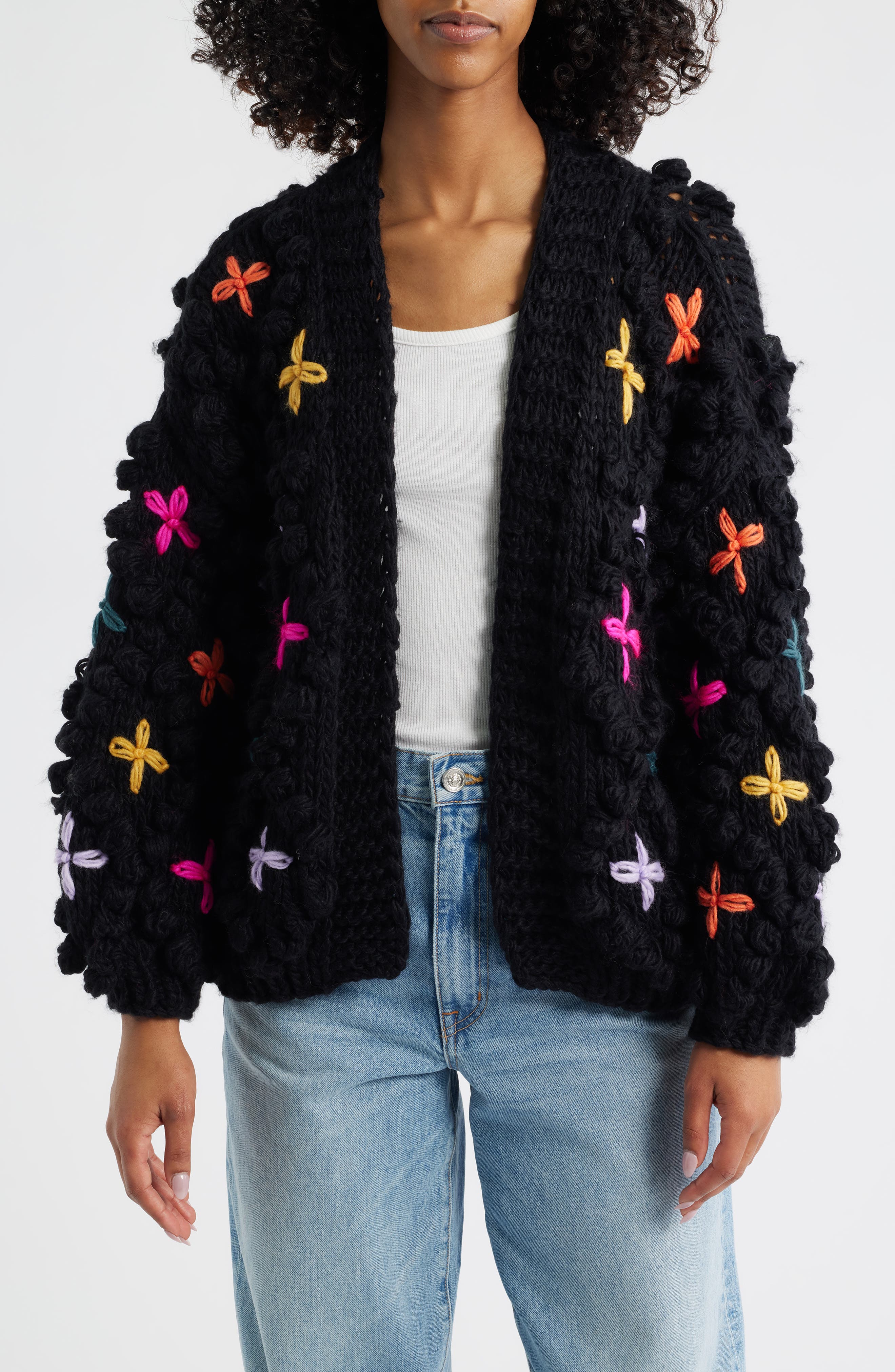 Embroidered Chunky Open Front Cardigan