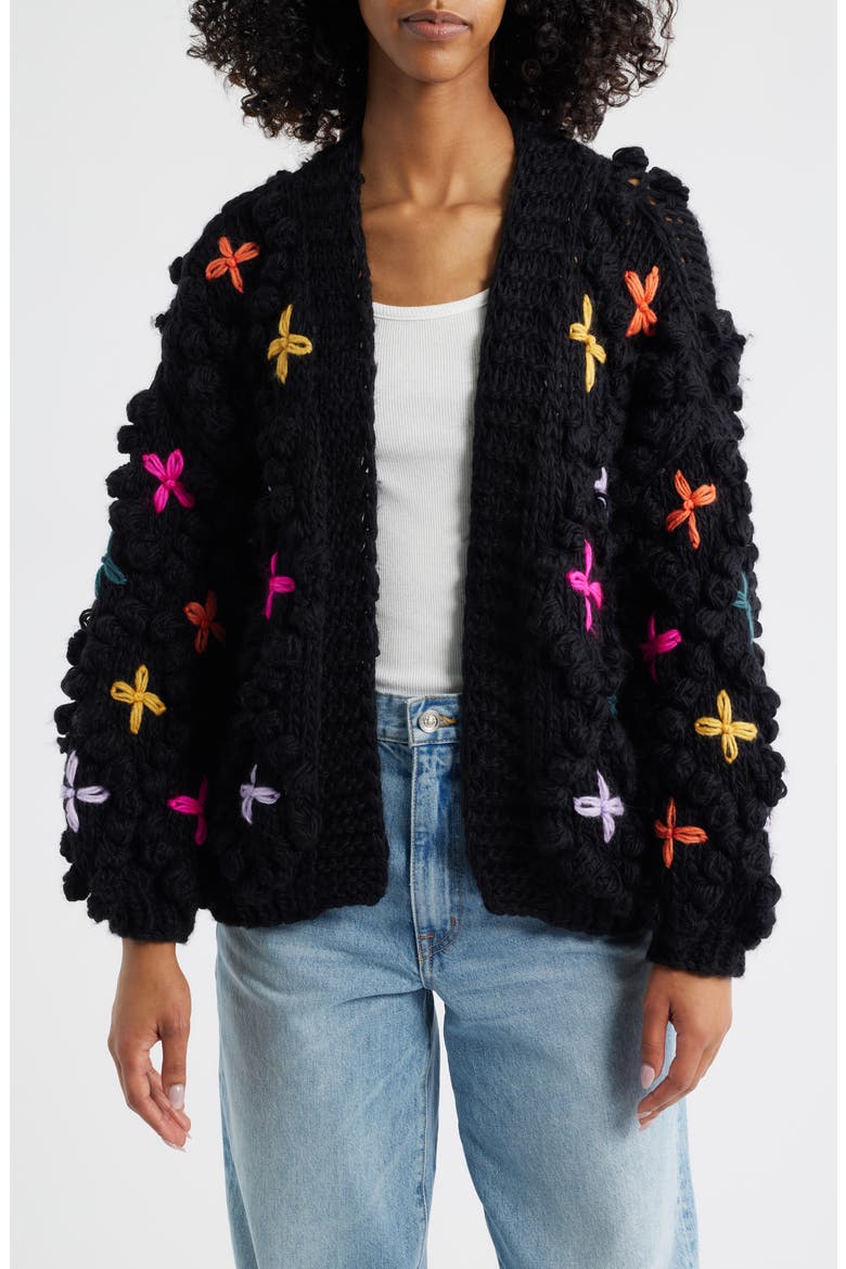 Embroidered Chunky Open Front Cardigan, Main, color, BLACK