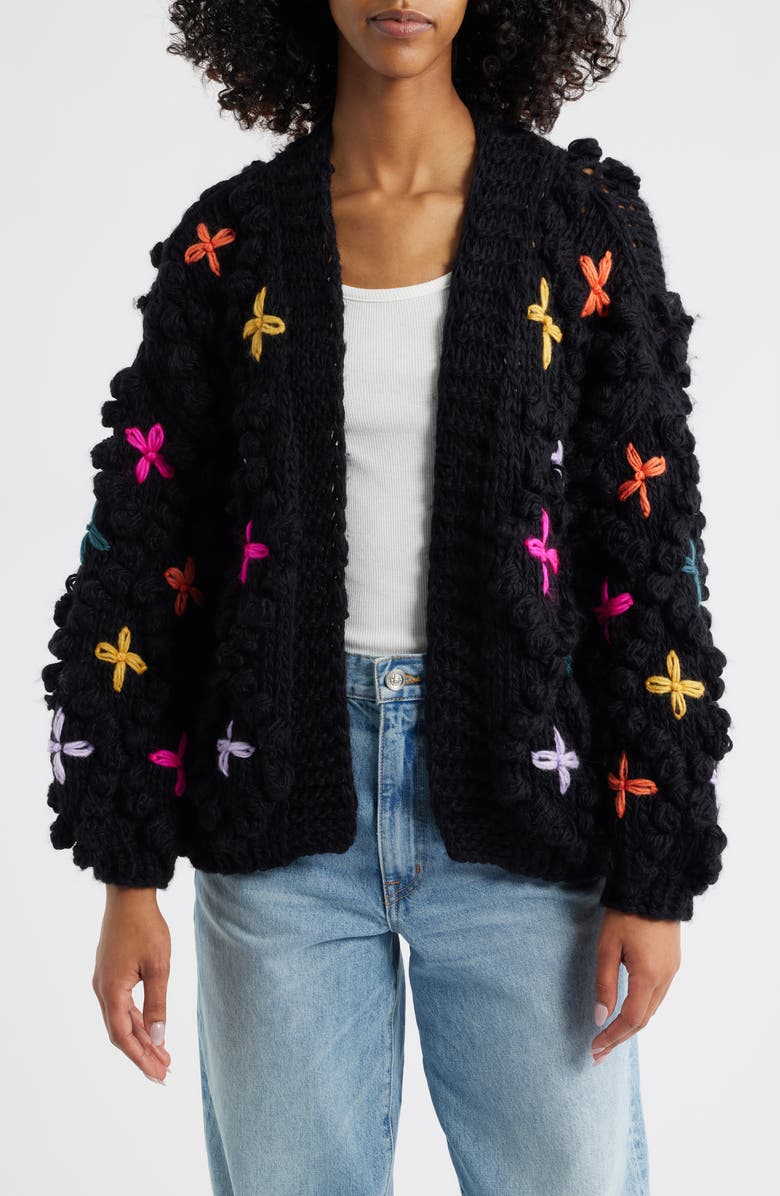 Roffe Accessories Embroidered Chunky Open Front Cardigan, Main, color, Black
