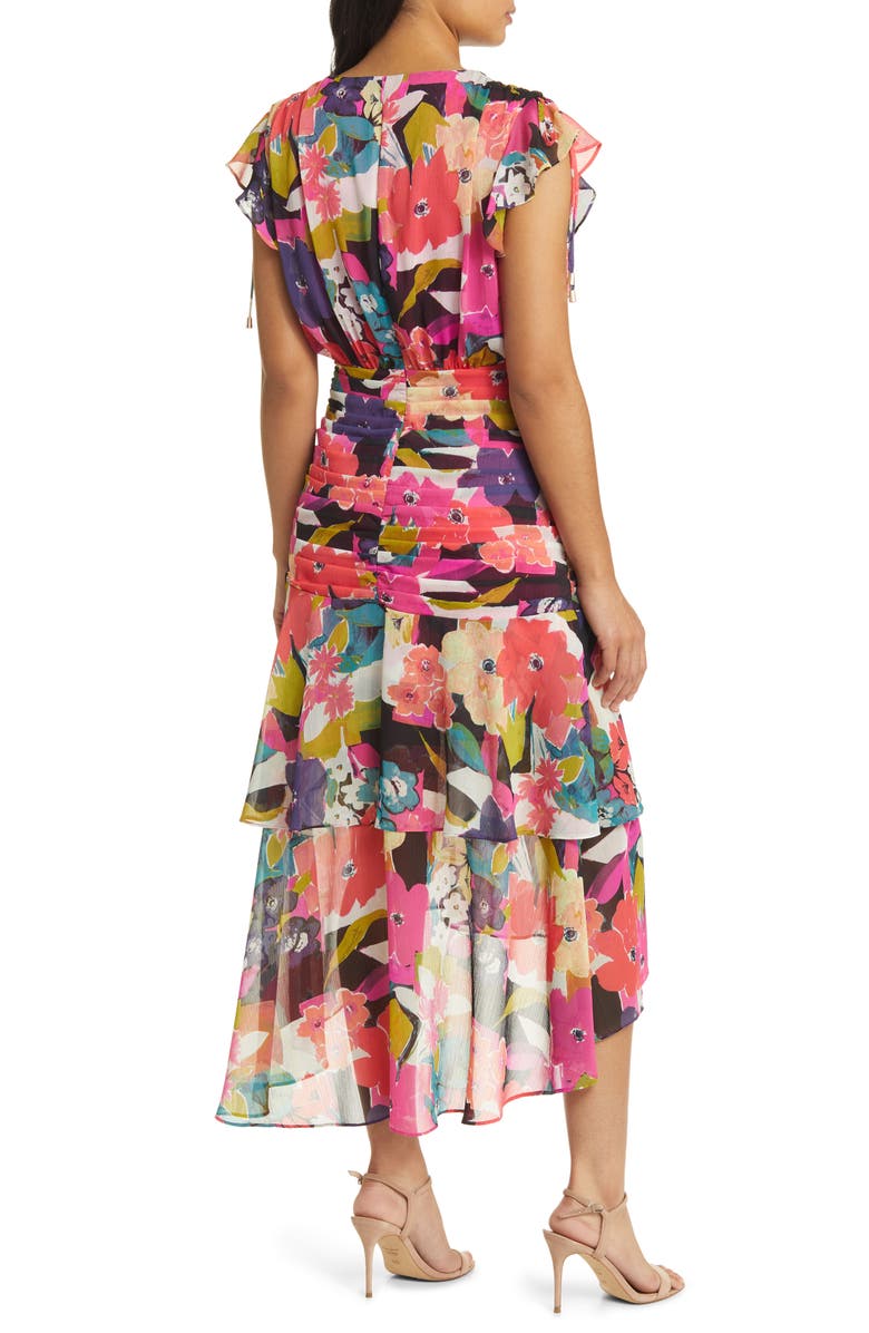 Tahari ASL Floral Side Ruched Chiffon Midi Dress, Alternate, color,