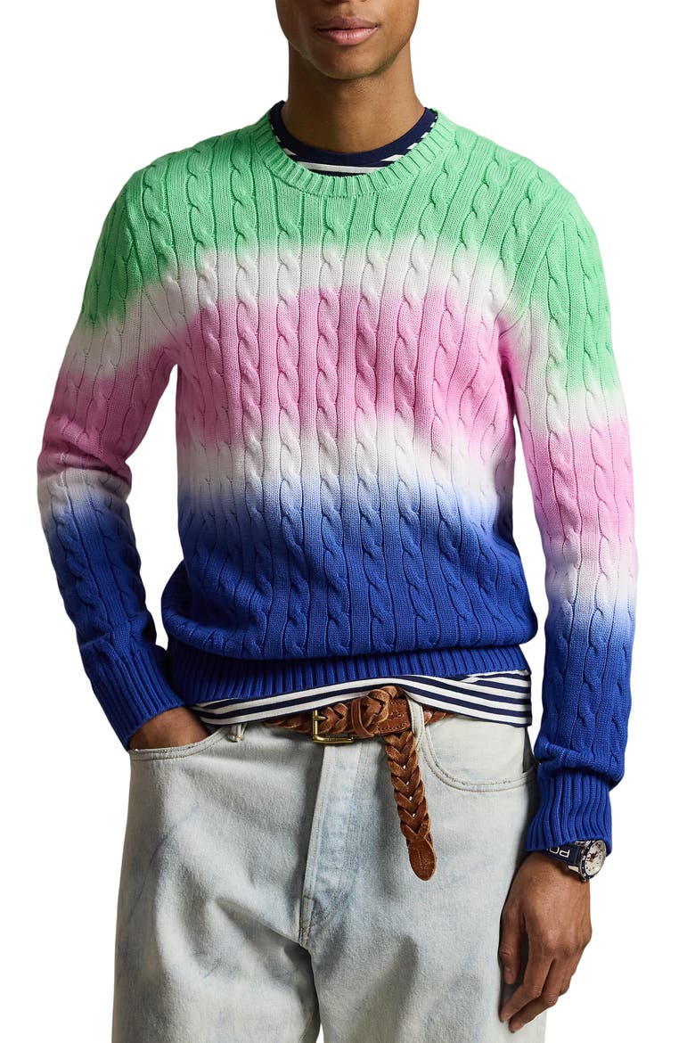 Dip Dye Cable Stitch Cotton Crewneck Sweater, Main, color, GREEN MULTI