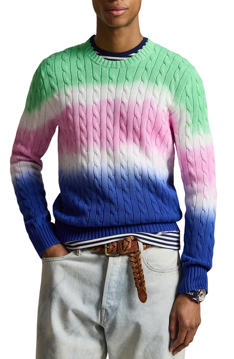 Polo Ralph Lauren Dip Dye Cable Stitch Cotton Crewneck Sweater, Main, color, Green Multi