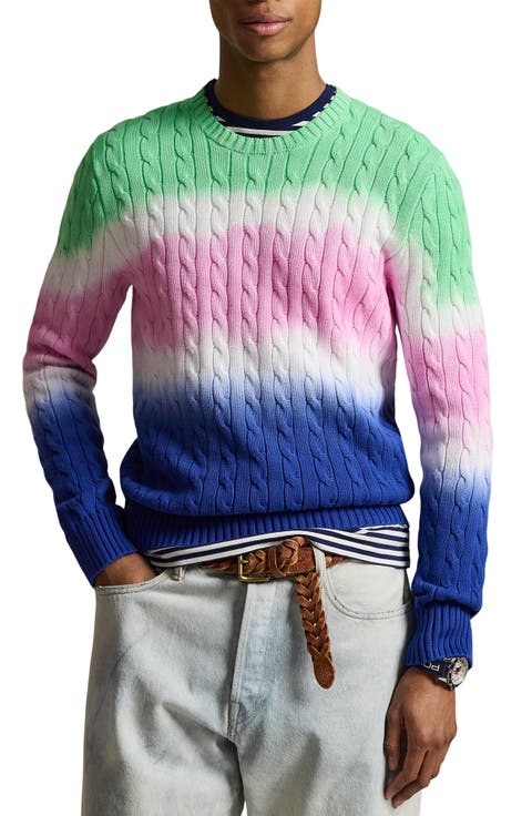Dip Dye Cable Stitch Cotton Crewneck Sweater