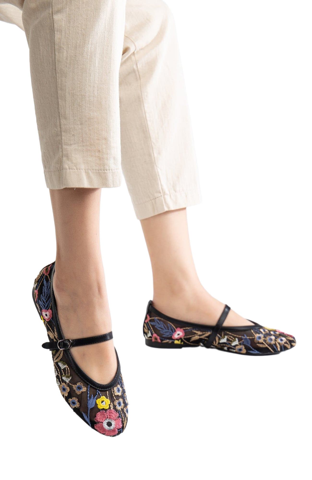 Prologue Shoes Fauna Mesh Mary Jane Flats, Alternate, color, Black Faux Leather