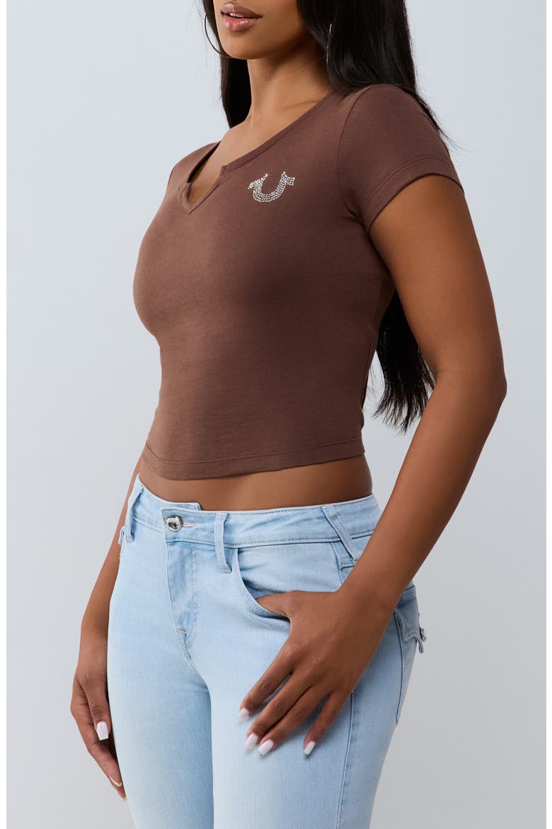 Crystal Logo Notched Neck Baby Tee, Alternate, color, ROCKY ROAD