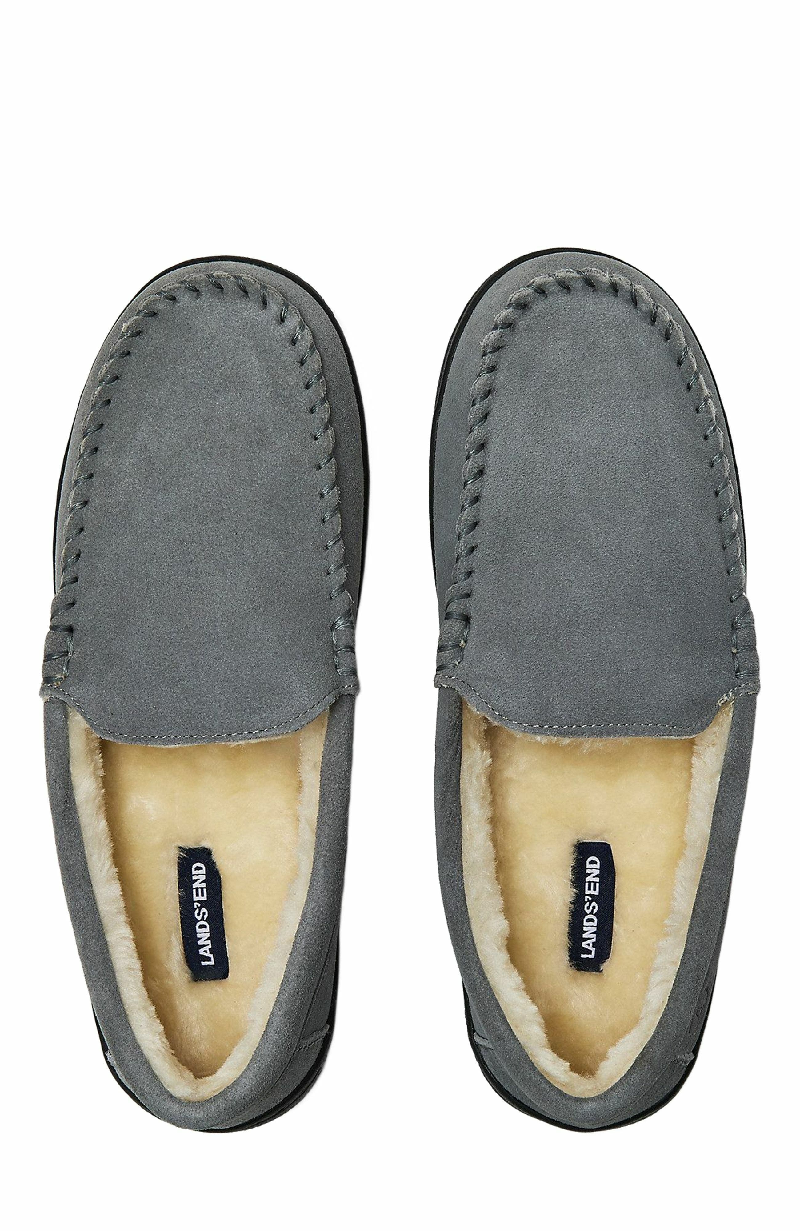Lands' End Wide Width Fuzzy Lined Suede Moccasin Slippers, Main, color, Castle Rock Suede