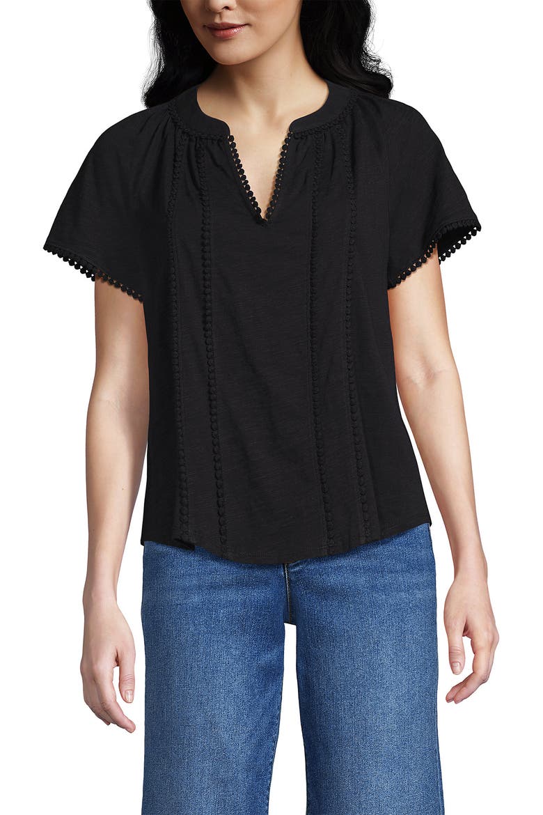 Slub Short Sleeve Notch Neck Top, Main, color, Black