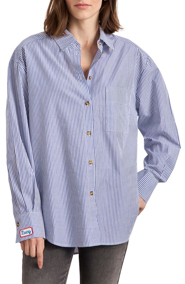 Sanctuary The Doctor Is In Back Graphic Stripe Cotton Button-Up Shirt, Main, color, Blue/ White