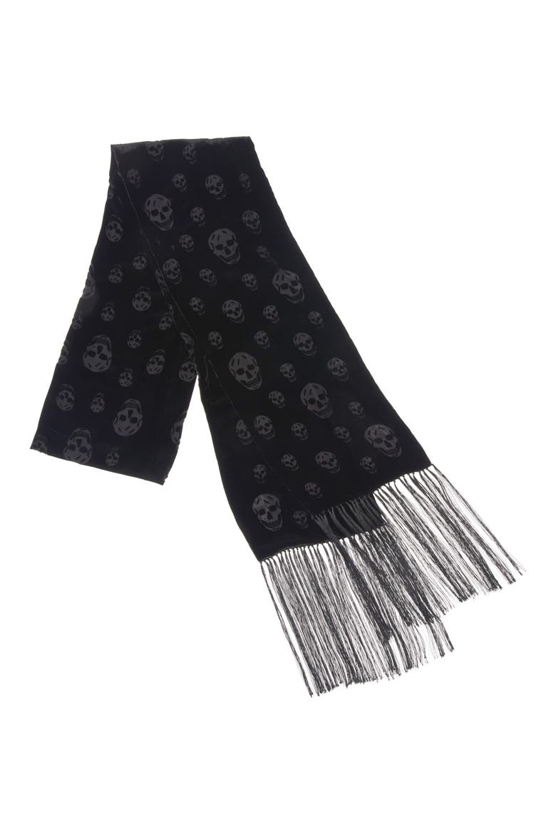 Skull Jacquard Wool & Silk Fringe Scarf, Main, color, BLACK/ MEDIUM GREY