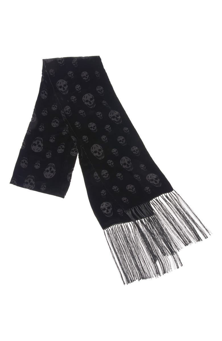 McQueen Skull Jacquard Wool & Silk Fringe Scarf, Main, color, Black/ Medium Grey