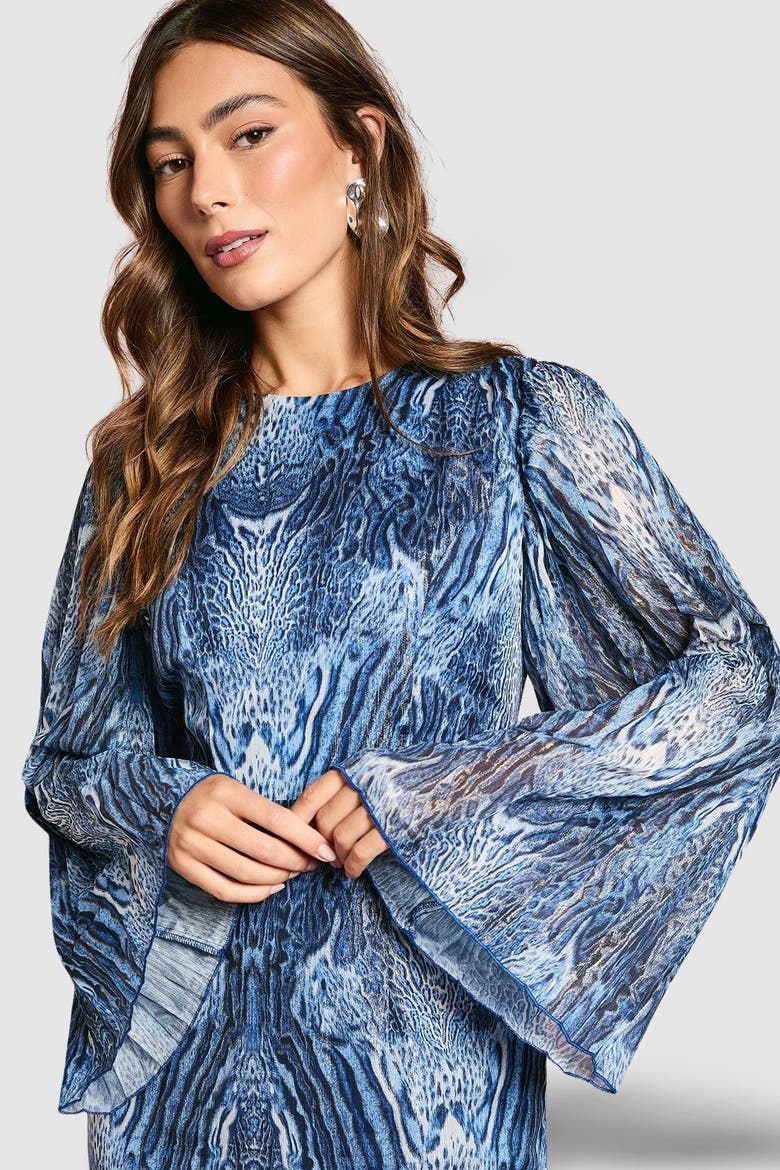 Flare Sleeve Animal Print Midi Dress, Alternate, color, Blue