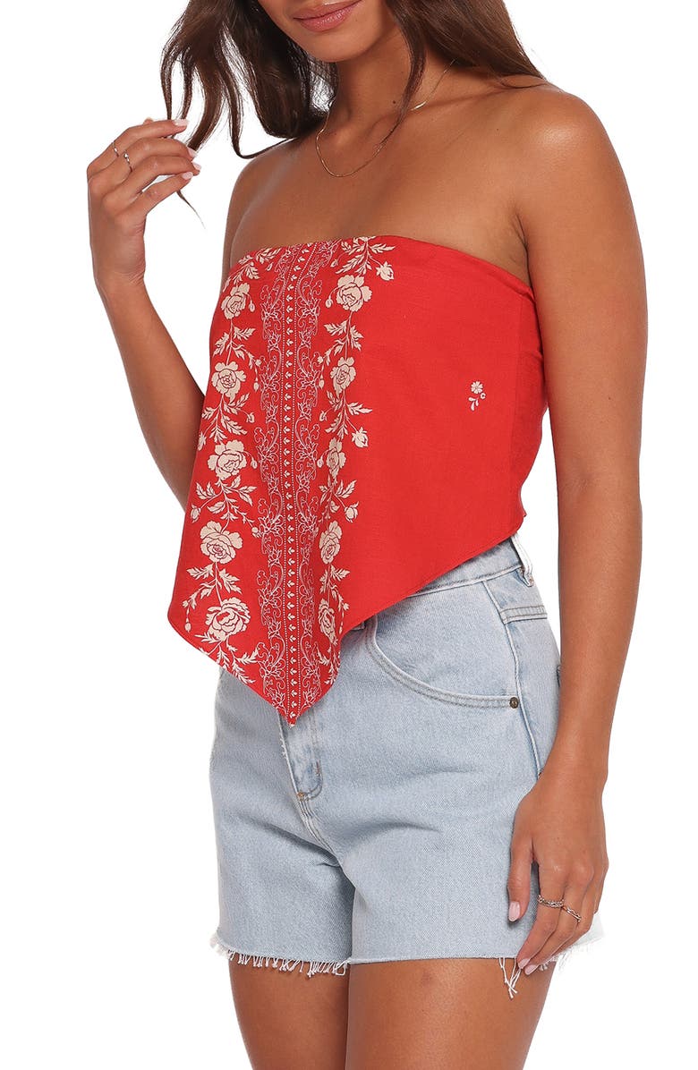 Petal & Pup Ilara Strapless Linen & Cotton Bandana Top, Alternate, color, Red Floral