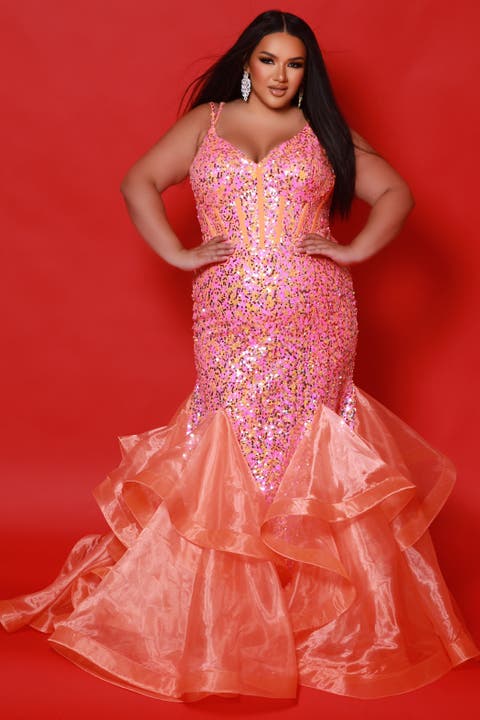 Sleeveless Bridesmaid Gown with Ruffles Coral Plus Size