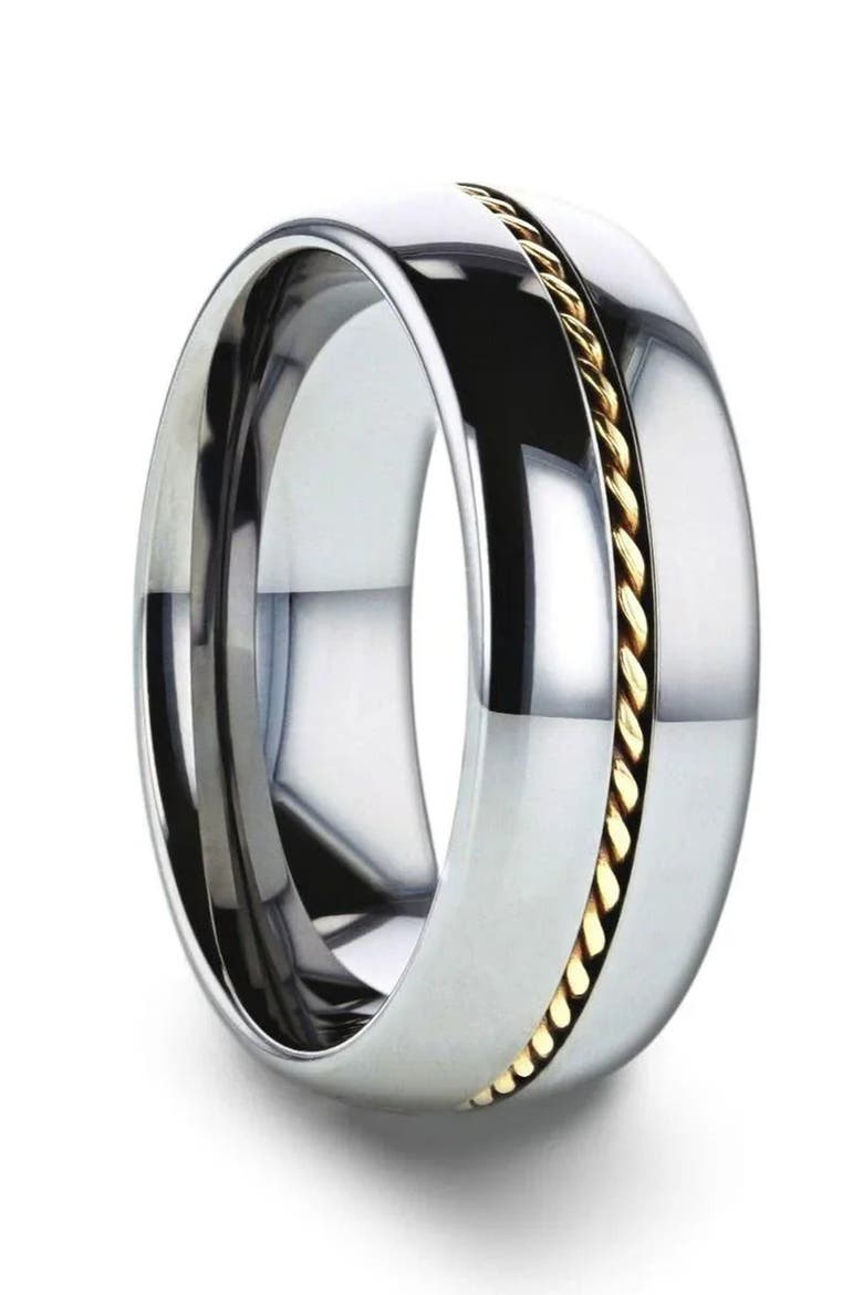 Braided 14K Gold Inlay Domed Tungsten Ring, Main, color, Silver / Gold Inlay 8mm