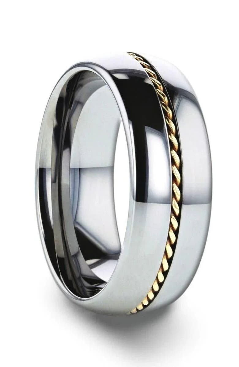 Larson Jewelers Braided 14K Gold Inlay Domed Tungsten Ring, Main, color, Silver / Gold Inlay 8Mm