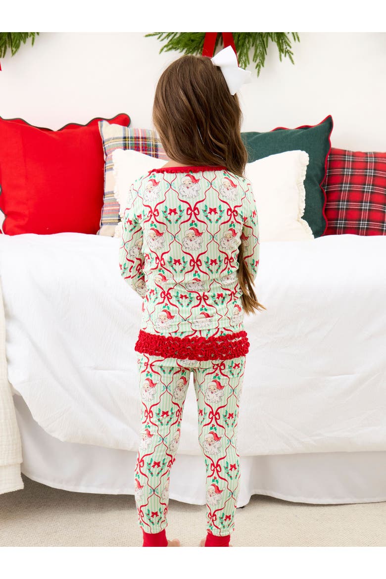 Ruffle Long Sleeve Pajama Set, Signature Rear Ruffles, Alternate, color, Green Stripe Dear Santa