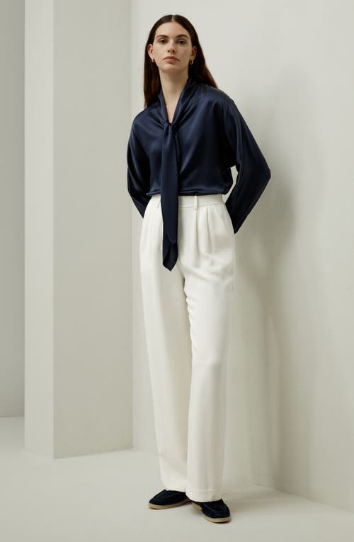 Lilysilk Batwing Silk Top With Adjustable Neck Tie In Navy Blue