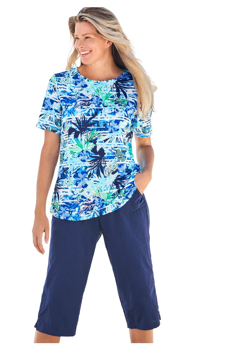 Chlorine Resistant Crewneck Relaxed Fit Swim Tee, Main, color, BLUE STRIPE PALM