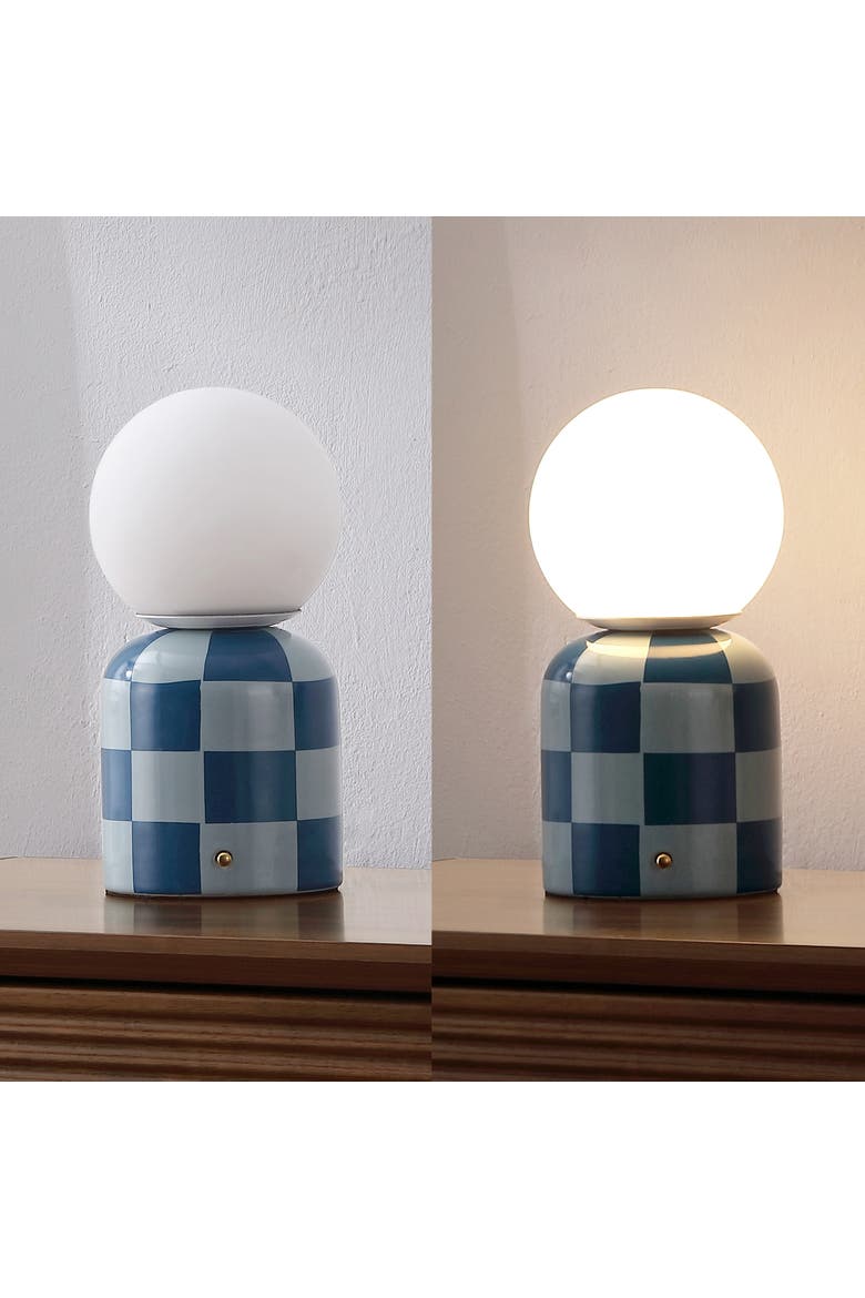 Zira Modern Checkerboard Ceramic Rechargeable Cordless Integrated Portable Dimmable with Frosted Globe Shade LED Table Lamp, Alternate, color, Light Blue/Dark Blue