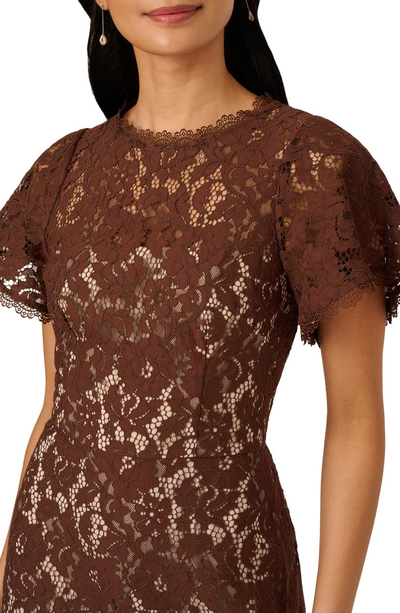 Adrianna Papell Flutter Sleeve Lace Dress, Alternate, color, Espresso