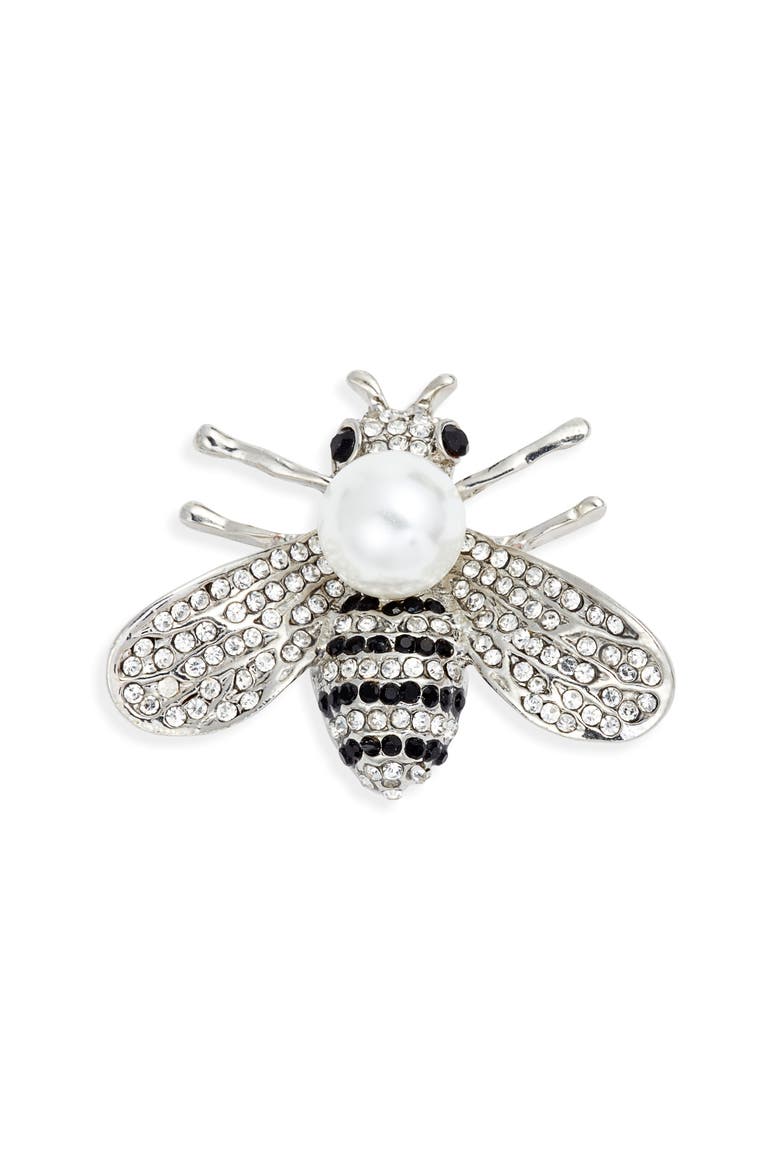 Crystal & Imitation Pearl Bee Lapel Pin, Main, color, SILVER