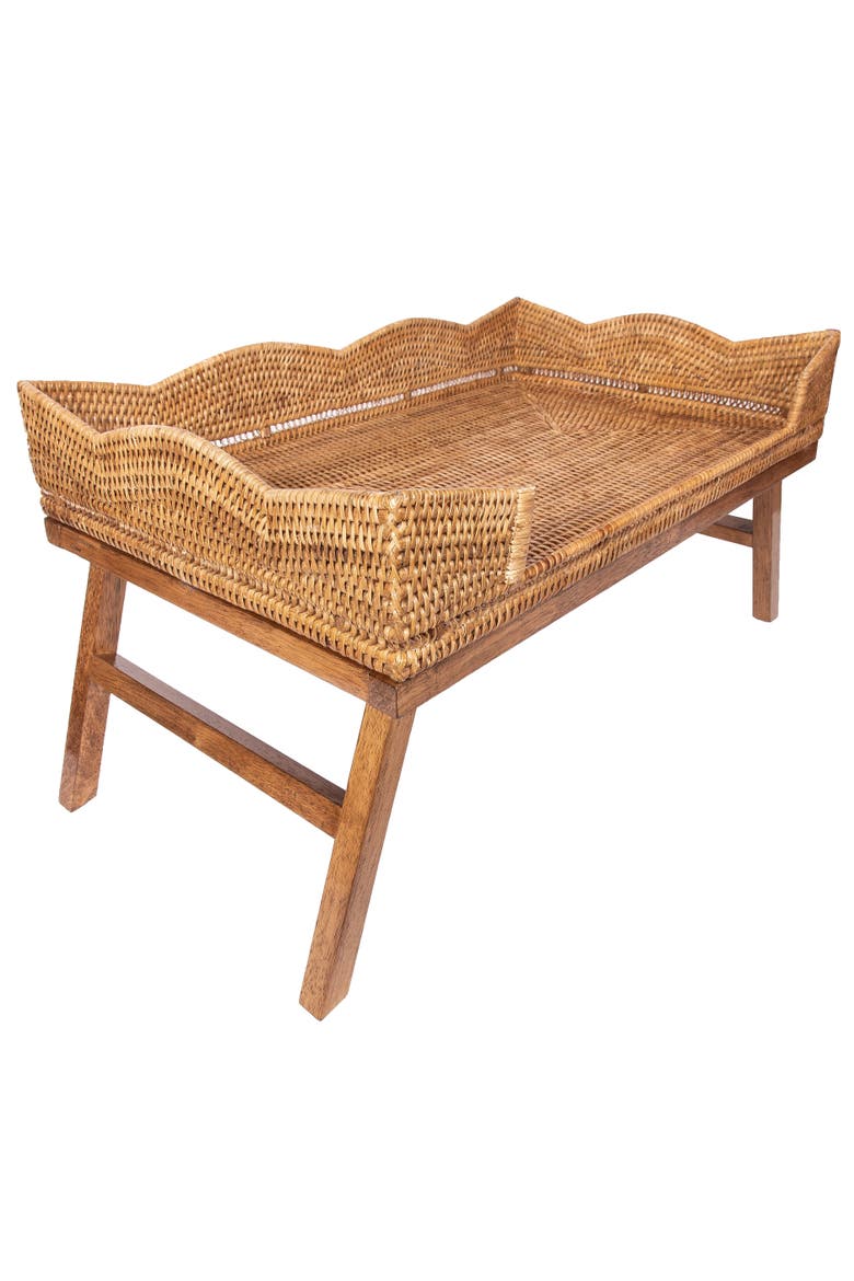 Artifacts Rattan Scallop Design Breakfast Tray with Wooden Legs, Alternate, color, Honey Brown