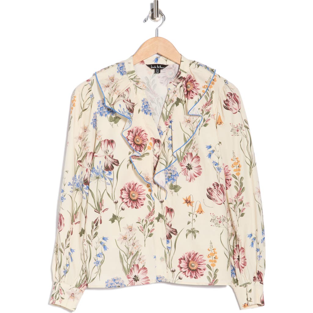 Nicole Miller Floral Ruffle Long Sleeve Button-up Shirt In Multi