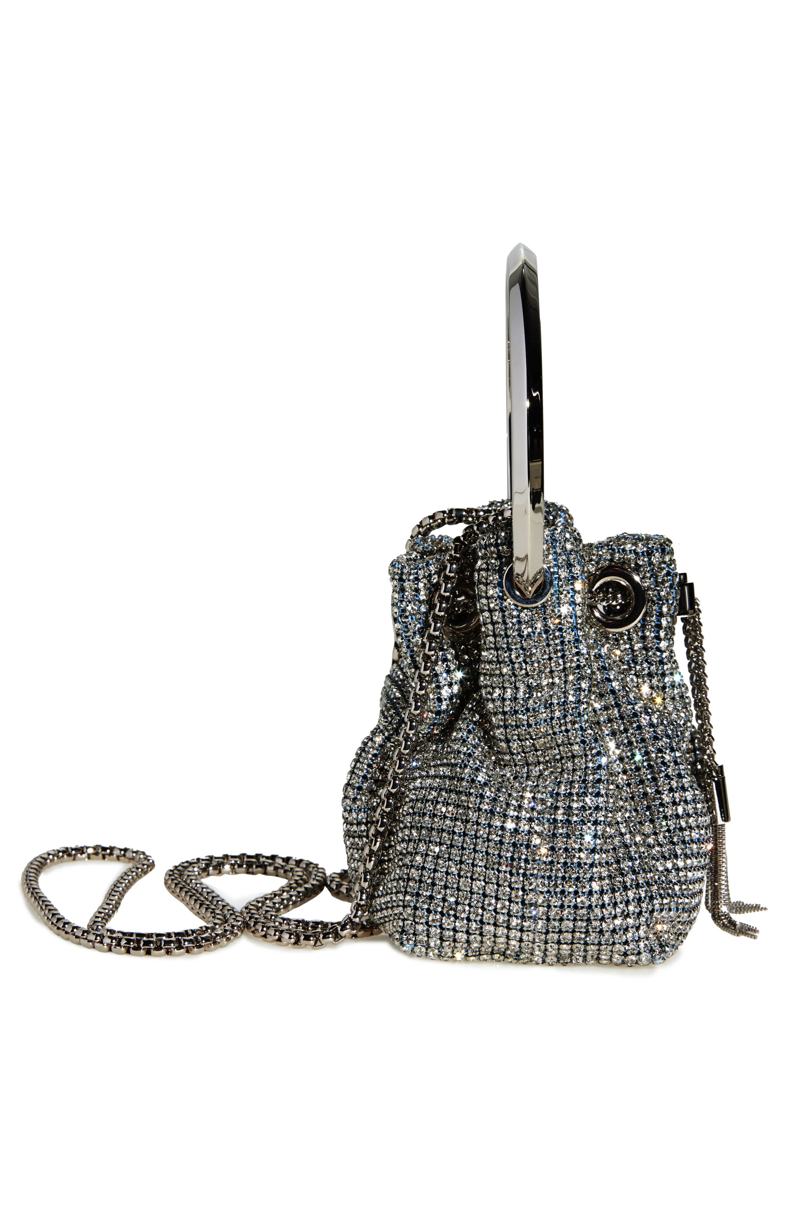 Jimmy Choo Micro Bon Bon Crystal Mesh Top Handle Pouch, Alternate, color, Silver