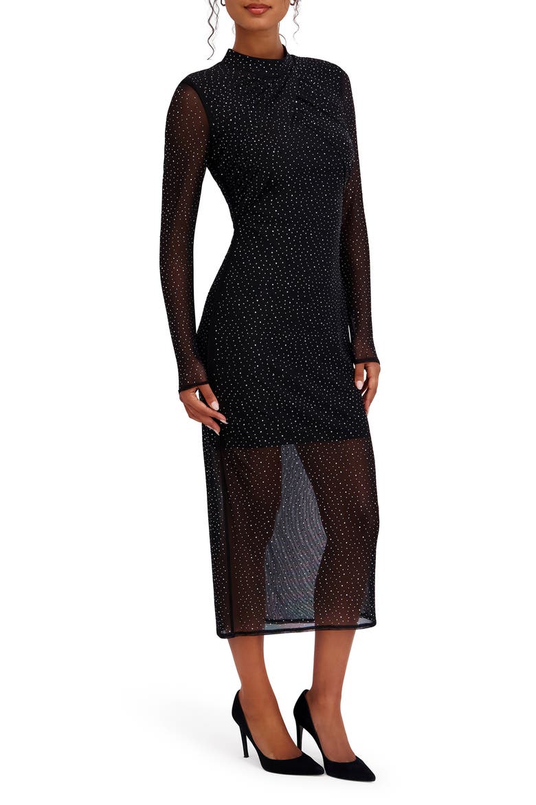Studded Mesh Long Sleeve Midi Dress, Alternate, color, BLACK