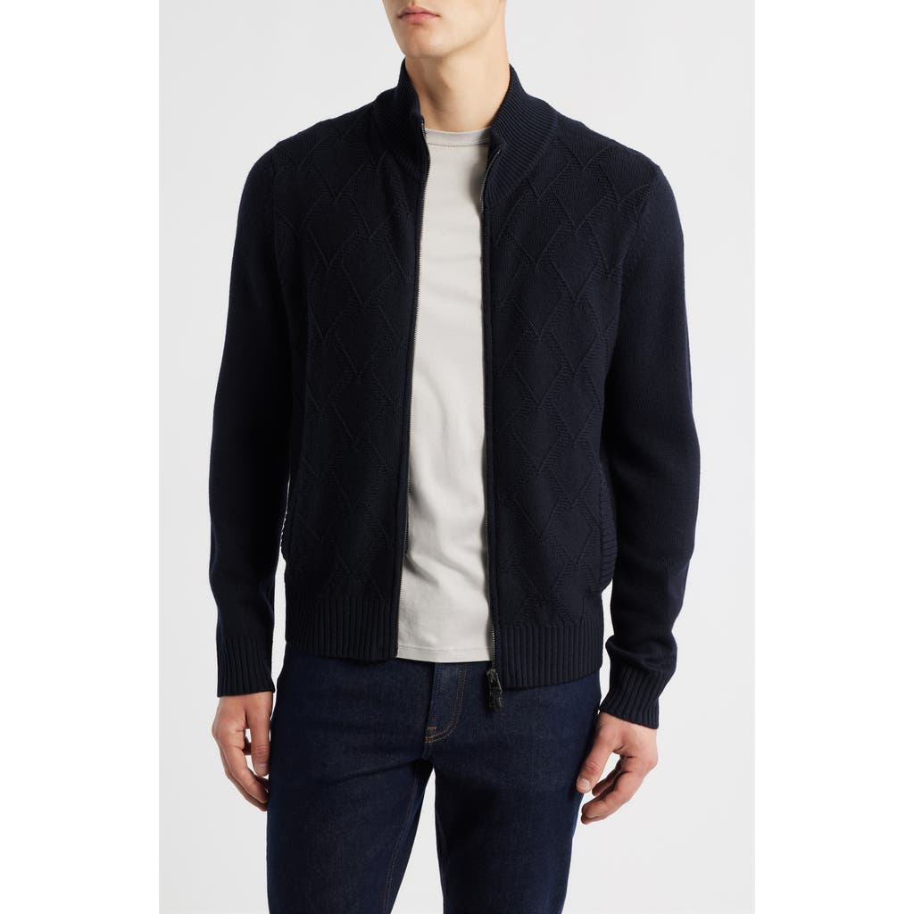 Canali Mock Neck Wool Zip Cardigan In Blue