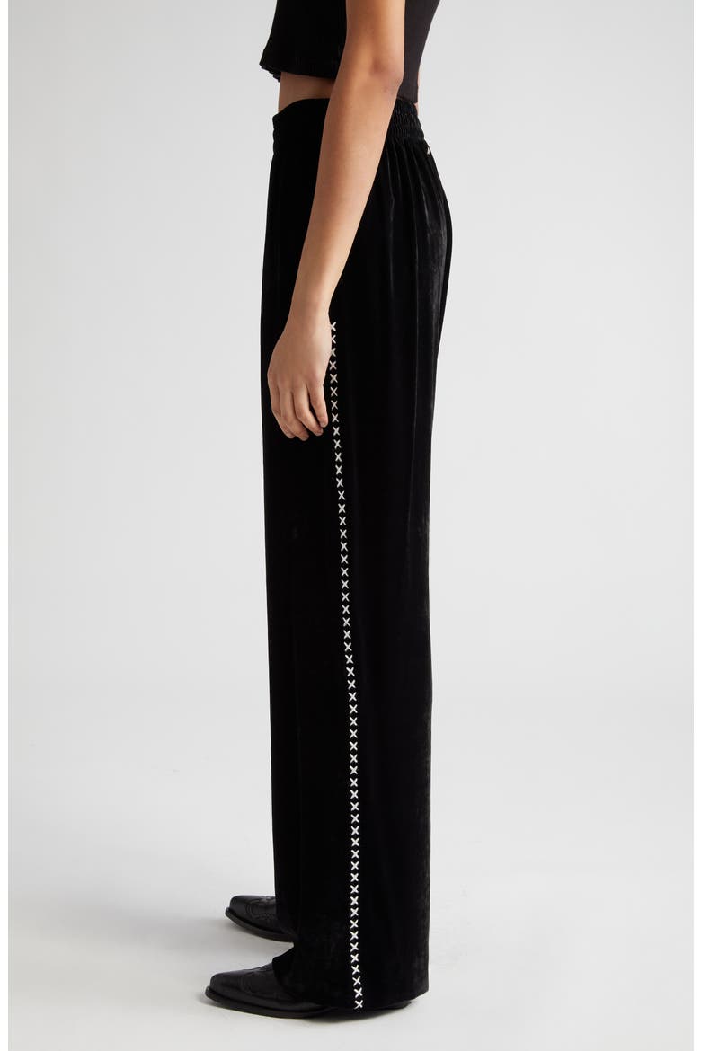 Journey Embroidered Side Stripe Velvet Track Pants, Alternate, color, BLACK