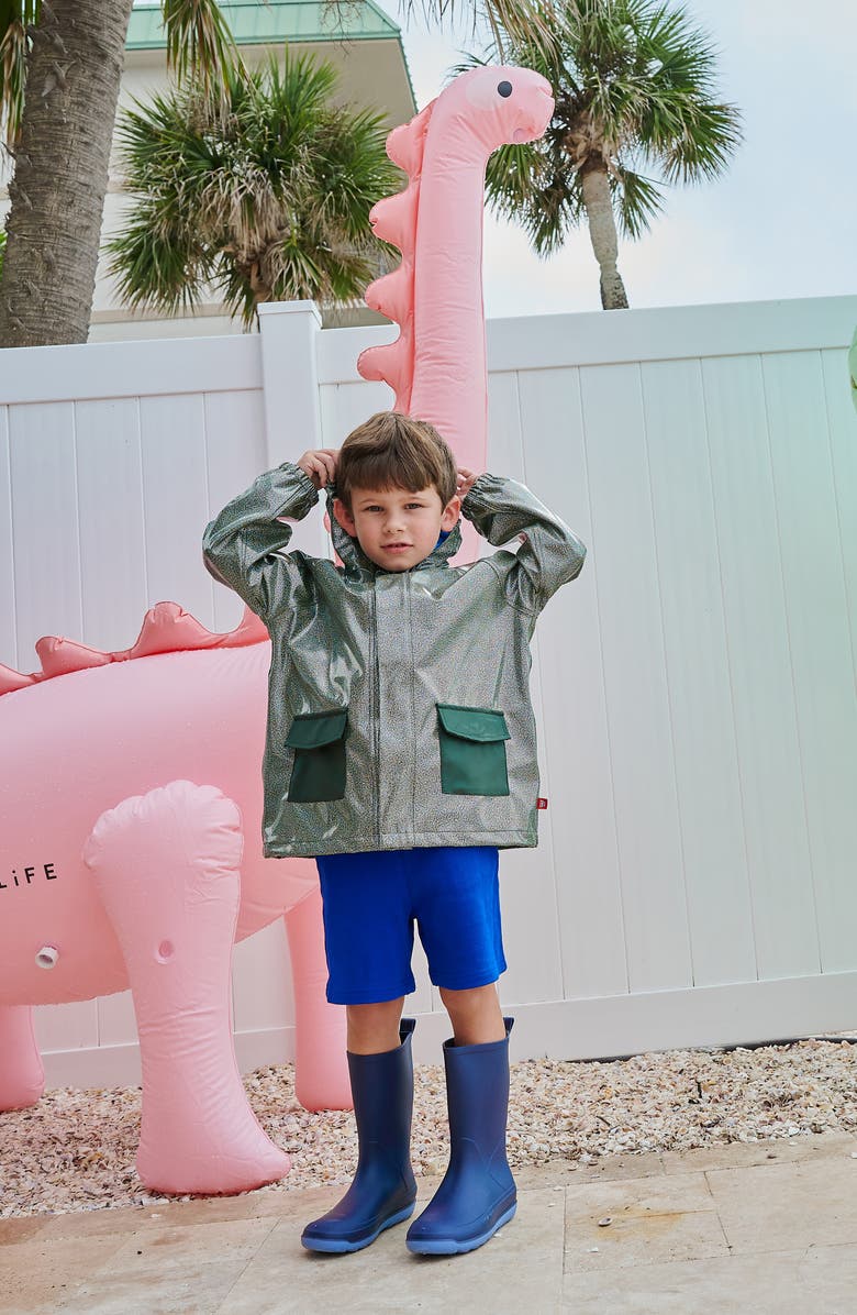 Magnetic Me Kids' Dino Sparkle Water Resistant Hooded Raincoat, Alternate, color, Green