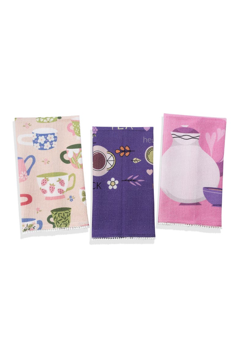 Time For Tea Set of 3 Kitchen Towels, Main, color, PURPLE/ PINK/ GREEN